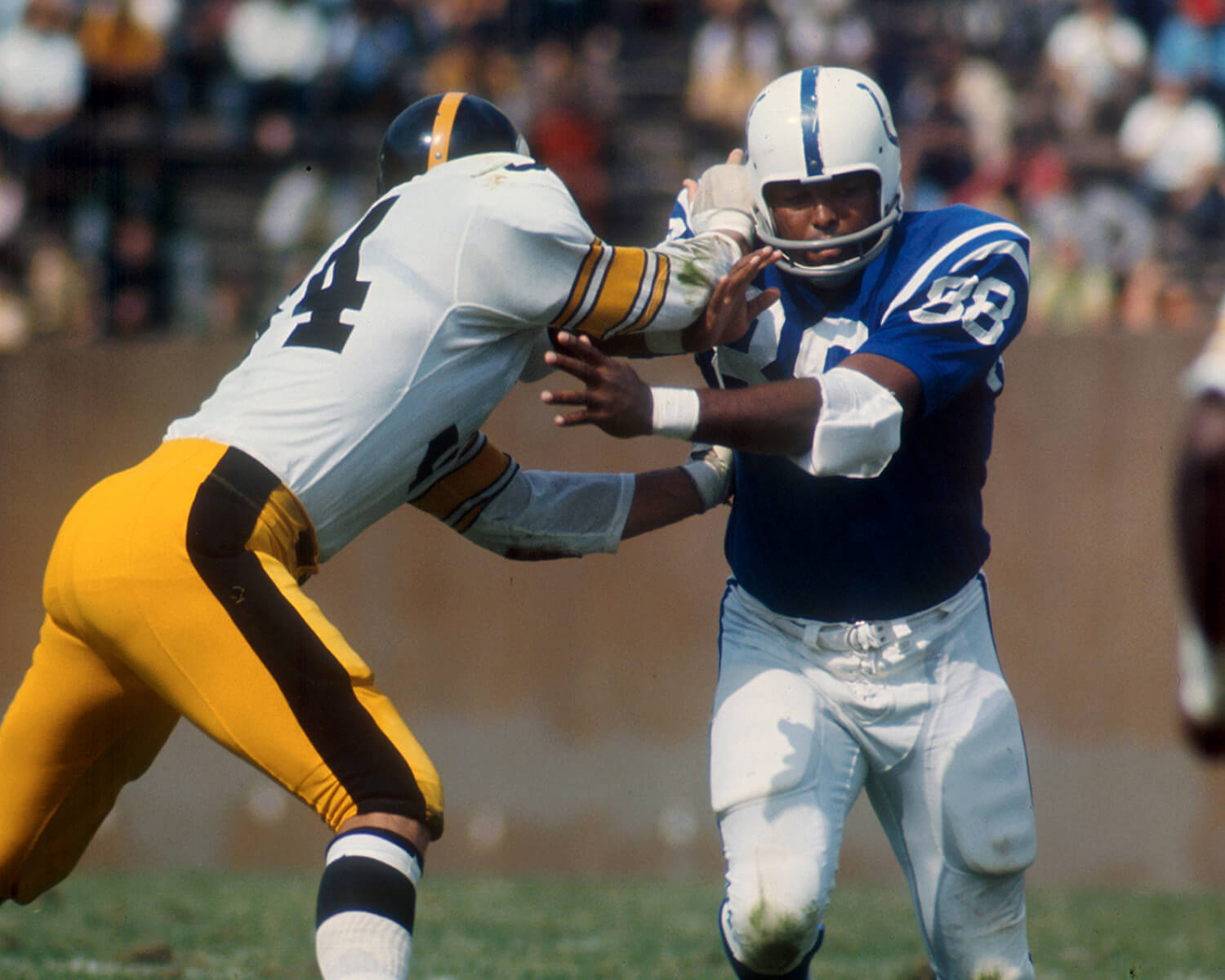 Baltimore Colts running back Bill Olds (38) is stopped at the line of  scrimmage by a team mate during action with the Steelers in Pittsburgh,  Dec. 27, 1975. (AP Photo Stock Photo - Alamy